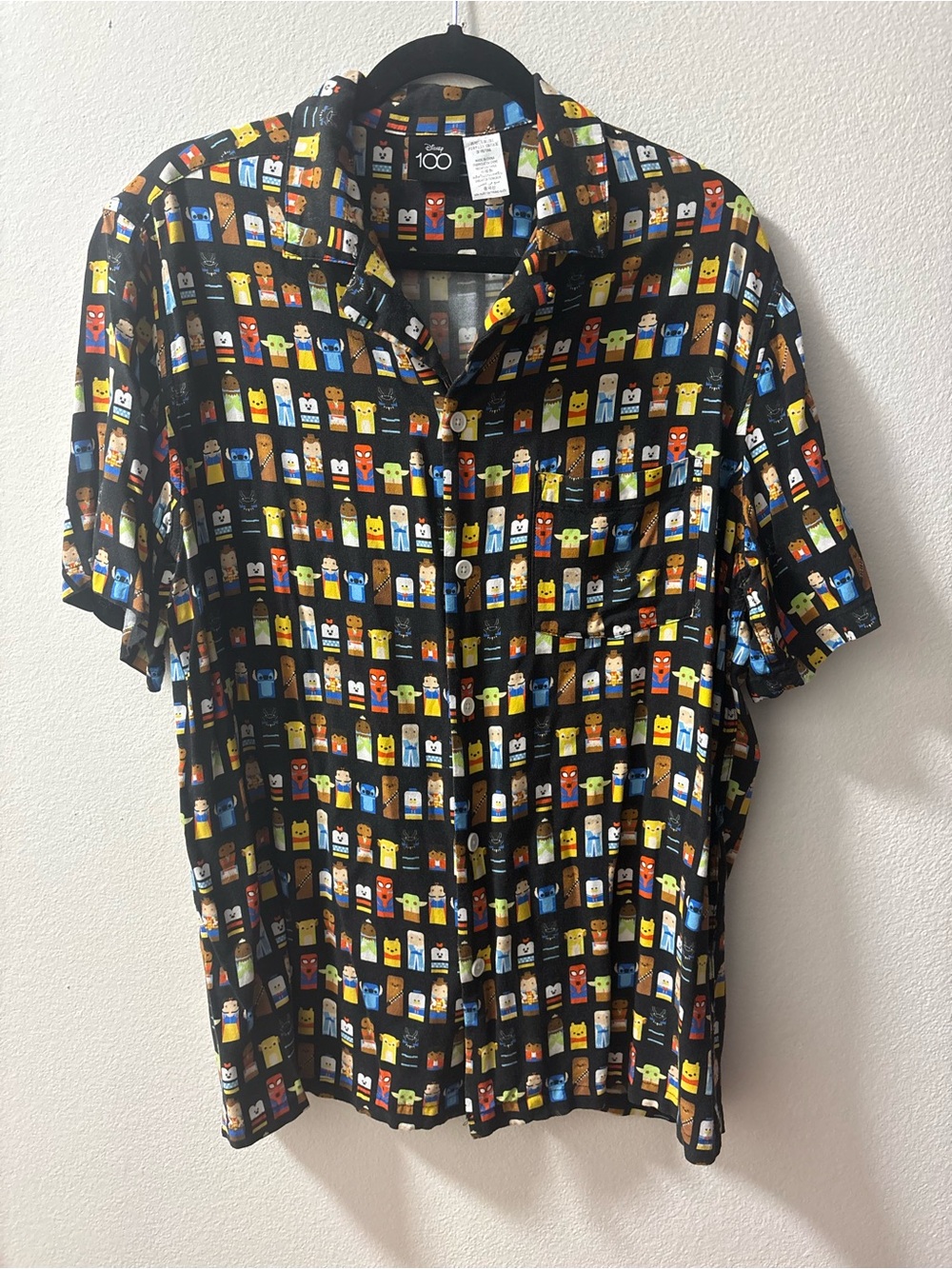 Disney 100 Black Short-Sleeve Button-Down Shirt with Multicolor Character Tiles
